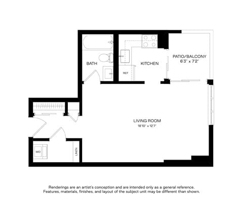 Floor plan for studio, 1 bath, 458 sqft
